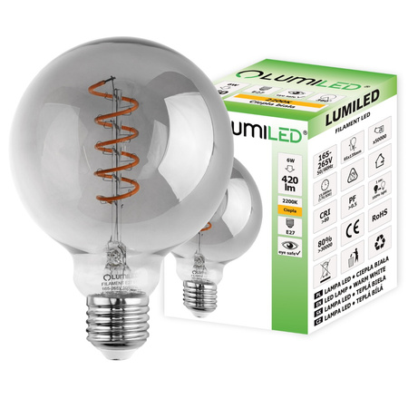 Zestaw 3x Żarówka Dekoracyjna Kulista LED E27 G95 6W = 50W 420lm 2200K Ciepła 360° Filament LUMILED GLOBE Smokey