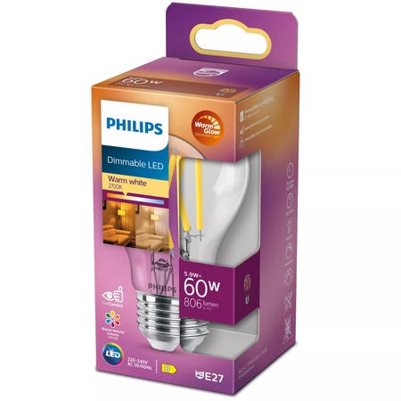 Żarówka LED E27 A60 5.9W = 60W 806lm 2200-2700K Ciepła CRI90 FILAMENT Ściemnialna WarmGlow Philips