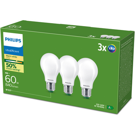 3x Żarówka LED E27 A60 4W = 60W 840lm 210lm/W 2700K Ciepła 300° KLASA A UltraEfficient Philips
