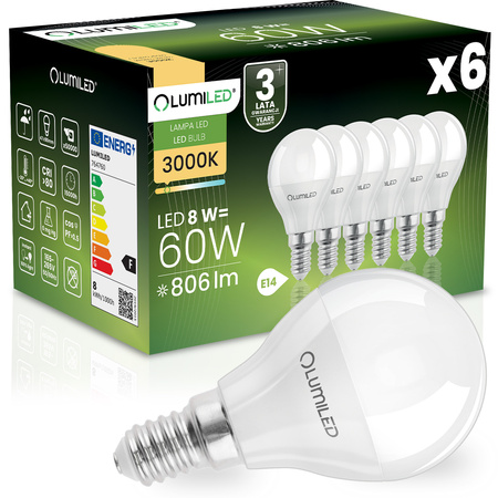 6x Żarówka LED E14 Kulka P45 8W = 60W 806lm 3000K Ciepła 180° LUMILED