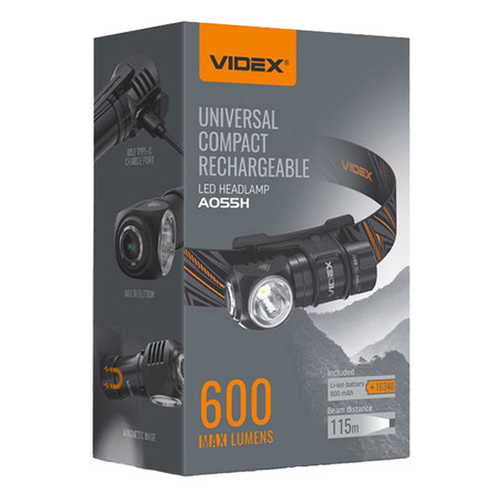 Latarka Reczna Czołowa Akumulatorowa LED 10W 600lm 4 Tryby Pracy USB-C Wodoszczelna IP68 Videx