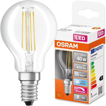 Żarówka LED E14 P45 4,8W = 40W 470lm 4000K Neutralna 320° Filament Ściemnialna OSRAM SUPER STAR