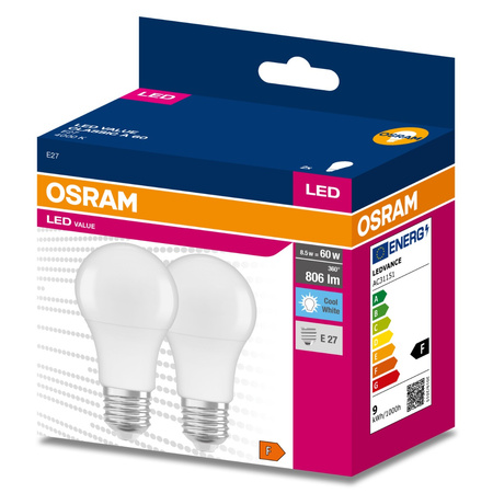 2PAK Żarówka LED E27 A60 8W = 60W 806lm 4000K Neutralna 200° OSRAM VALUE