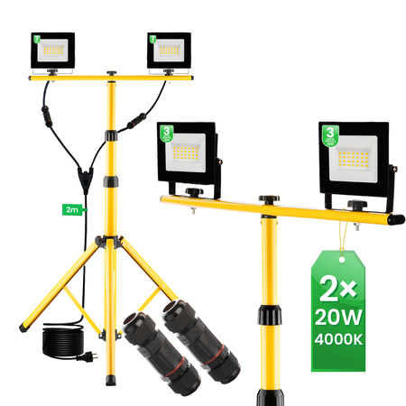 Naświetlacz LED ZUNA2 Halogen Lampa 2x 20W 4000K na Statywie + Przewód + Złącze Hermetyczne LUMILED 