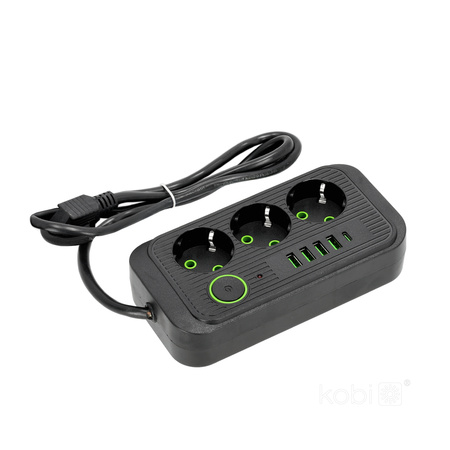 Przedłużacz KOBI LINEA PRO 3x230V 1,5m Uziemienie Wyłącznik 5xUSB Czarny