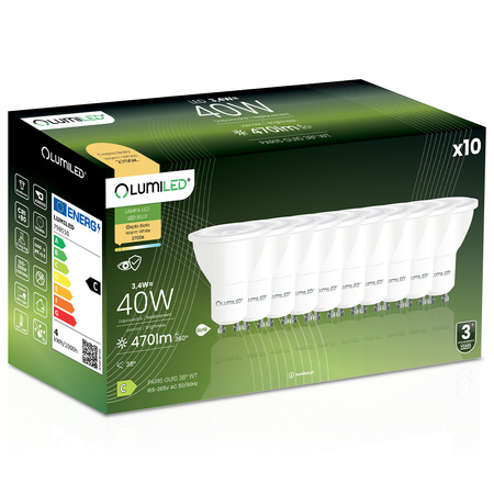 10x Żarówka LED GU10 Reflektor PAR16 3,4W = 40W 470LM 2700K Ciepła 38° LUMILED