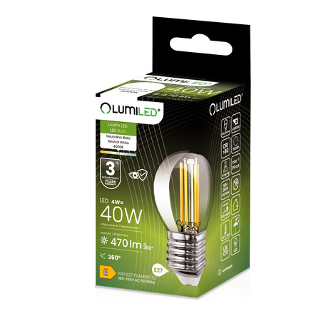 Żarówka LED E27 P40 Filament 4W = 40W 470lm 4000K Neutralna 360° LUMILED