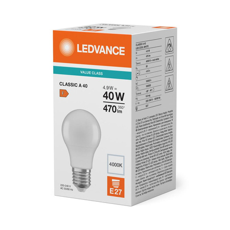 Żarówka LED A60 E27 4.9W = 40W 470lm 4000K Neutralna Biała LEDVANCE