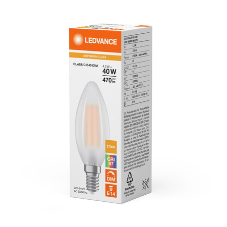Żarówka LED B35 E14 4.2W = 40W 470lm 2700K Ciepła Biała FILAMENT ŚCIEMNIALNA LEDVANCE