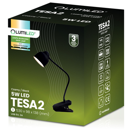 ZESTAW Lampka Biurkowa LED 5W CCT Kreślarska Stołowa Szkolna TESA 2 Czarna + Adapter USB 5V/1A DC LUMILED
