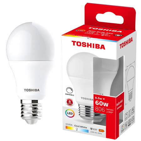 Żarówka LED E27 A60 8,5W = 60W 806lm 6500K Zimna Ściemnialna TOSHIBA