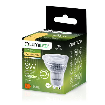 10X Żarówka LED GU10 8W = 80W 650lm 3000K Ciepła 36° Lumiled Ściemnialna