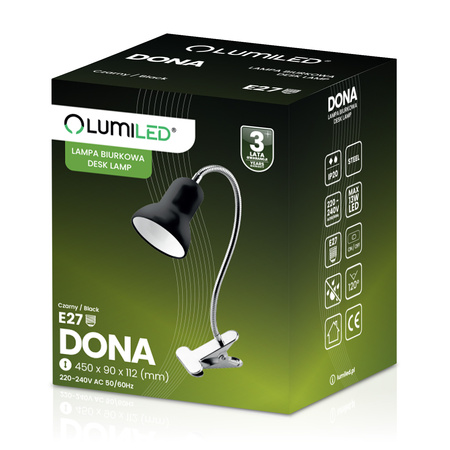 Lampka Biurkowa Stołowa Regulowana DONA Szkolna Nocna E27 Klips Czarna LUMILED