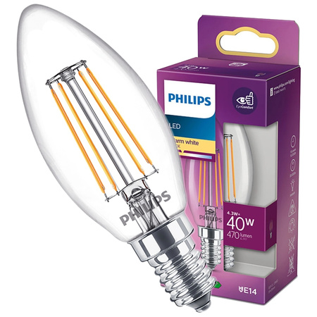 Żarówka LED E14 B35 4,3W = 40W 470lm 2700K Ciepła Filament PHILIPS