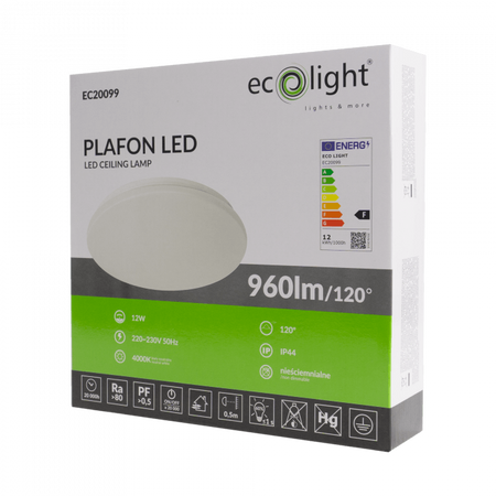 Plafon LED Lampa Sufitowa 12W 960lm 4000K Neutralna IP44 Łazienkowa Ecolight
