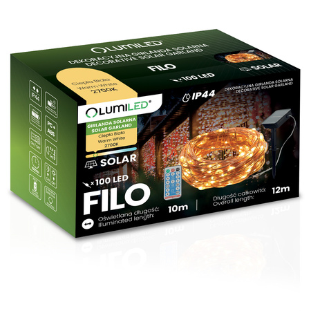 Girlanda Solarna Ogrodowa 100x LED Ozdobne Druciki 12m 2700K Ciepła + PILOT FILO LUMILED