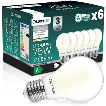 6x Żarówka LED E27 A60 4,9W 1055lm = 75W 4000K Neutralna 360° Filament KLASA A LUMILED