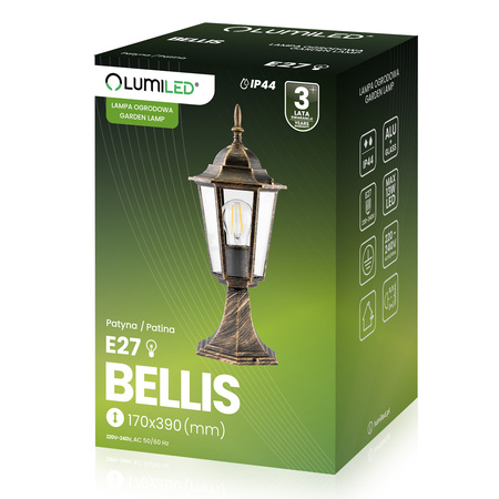 Lampa Ogrodowa Zewnętrzna E27 SŁUPEK LATARNIA 39cm Patyna BELLIS LUMILED