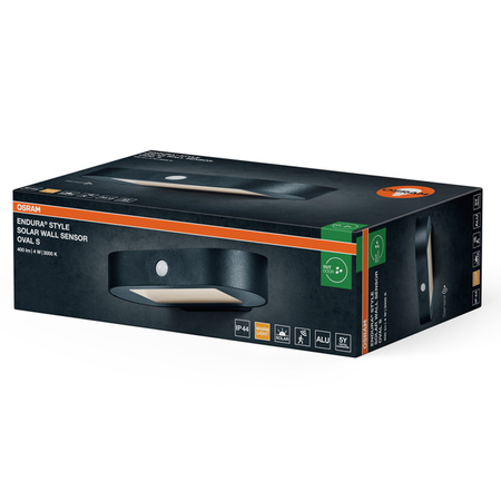 Kinkiet Solarny Ogrodowy Lampa Elewacyjna Zewnętrzna LED z Czujnikiem Ruchu i Zmierzchu 4W 380lm 3000K Ciepła Czarny IP44 Endura Osram