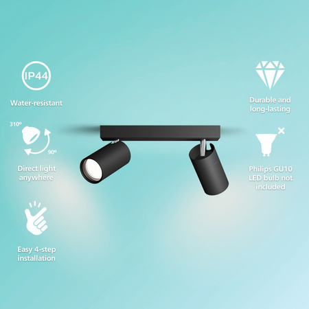 Lampa Sufitowa Reflektor 2x GU10 IP44 Czarna Kosipo Philips