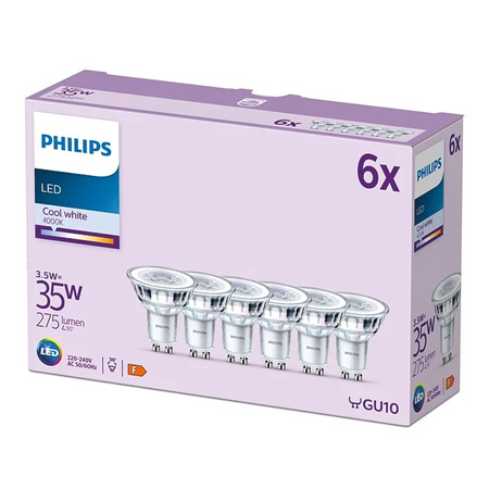 Zestaw 6x Żarówka LED Halogen GU10 PAR16 3.5W = 35W 275lm 4000K Neutralna 36° PHILIPS 