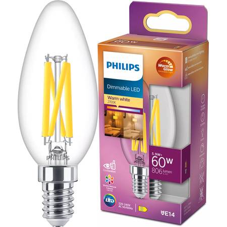 Żarówka LED E14 Świeczka B35 5.9W = 60W 806lm 2200-2700K Ciepła CRI90 FILAMENT Ściemnialna WarmGlow Philips