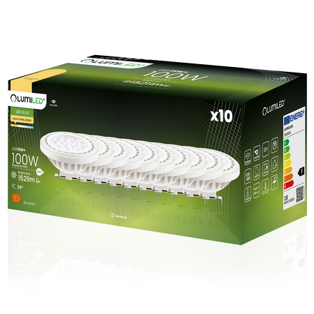 Zestaw 10x Żarówka LED AR111 G53 15W = 100W 1521lm 3000K 12V Ciepła 38° LUMILED