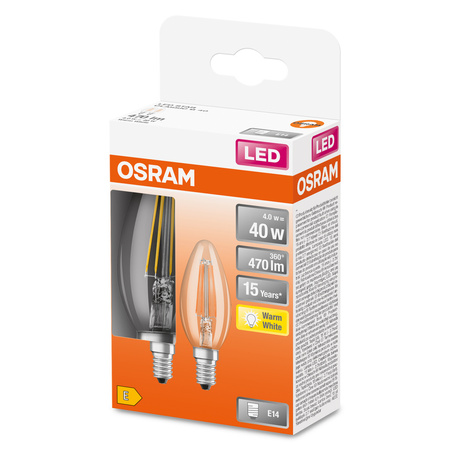 2x Żarówka LED B35 Świeczka E14 4W = 40W 470lm 2700K Ciepła 300° Retrofit Filament CLASSIC Osram