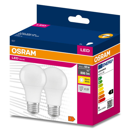 2x Żarówka LED A60 E27 8W = 60W 806lm 3000K Ciepła 180° VALUE CLASSIC Osram