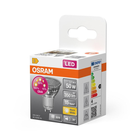 Żarówka LED PAR16 Reflektor GU10 3.7W = 50W 350lm 2700K Ciepła 36° Ściemnialna THREE STEP Osram
