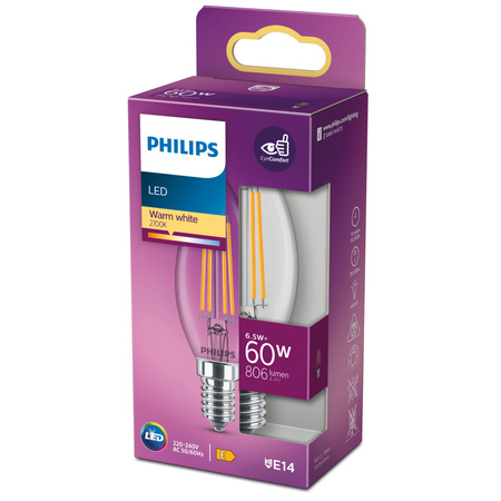 Żarówka LED Świeczka E14 B35 6.5W = 60W 806lm 2700K Ciepła Filament PHILIPS