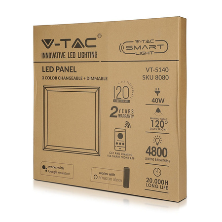 Panel LED 40W CCT 60x60CM Kompatybilny z Alexa i Google Home Ściemnialny Biały VT-5140 V-TAC