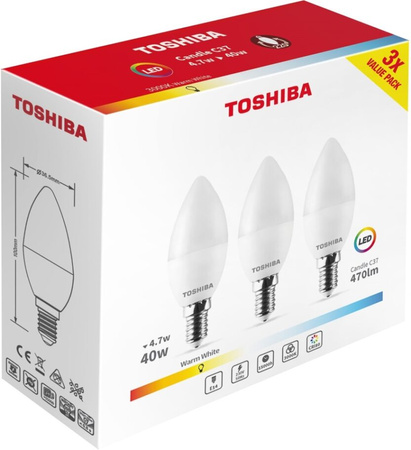 3PAK Żarówka LED E14 C37 4.7W = 40W 806lm 3000K Ciepła 220° Mleczna TOSHIBA