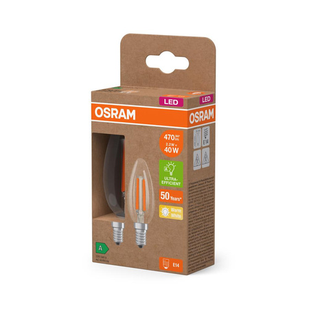 2x Żarówka LED B35 Świeczka E14 2.2W = 40W 470lm 2700K Ciepła 320° 214lm/W CLASSIC ENERGY EFFICIENCY Osram