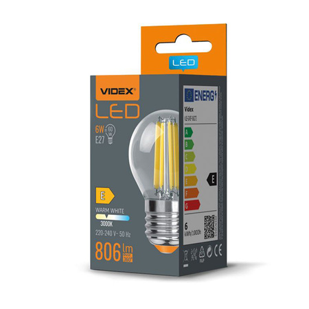 Żarówka LED E27 G45 Kulka 6W = 60W 806lm 3000K Ciepła 360° FILAMENT Videx