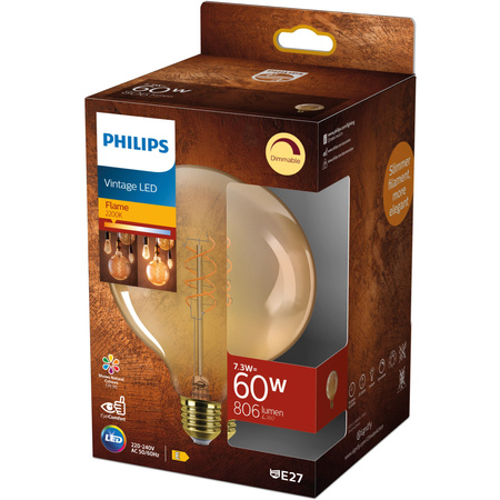 Żarówka LED E27 Kula G125 7.3W = 60W 806lm 2200K Ciepła CRI90 300° FILAMENT Vintage Bursztynowa Ściemnialna Decorative Philips