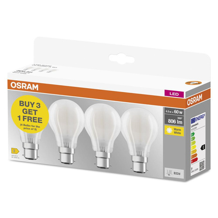 4x Żarówka LED A60 B22d 6.5W = 60W 806lm 2700K Ciepła 300° BASE Osram