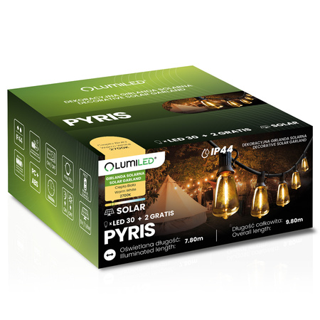 ZESTAW Girlanda Solarna PYRIS 30x LED 2700K 9,8m PILOT + Adapter Sieciowy 6W LUMILED