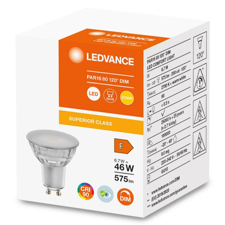 Żarówka LED GU10 6,7W = 48W 575lm 2700K Ciepła 120° CRI90 Ściemnialna Szklana LEDVANCE Superior