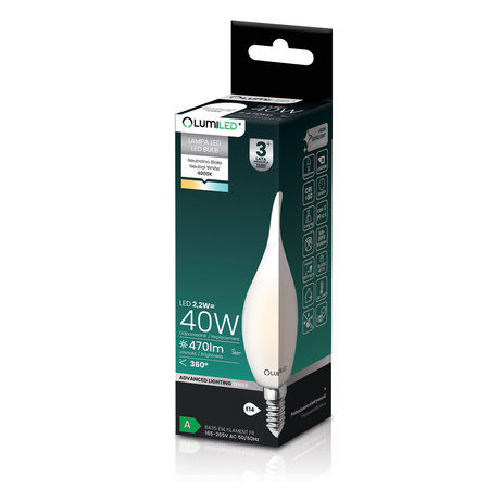 Żarówka LED E14 Świeczka BA35 2,2W 470lm = 40W 4000K Neutralna 360° Filament KLASA A LUMILED