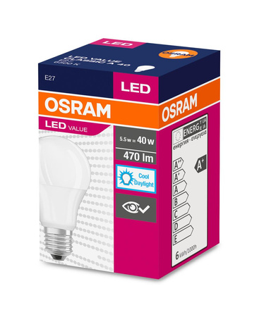 Żarówka LED A55 E27 4.9W = 40W 470lm 6500K Zimna 200° VALUE CLASSIC Osram