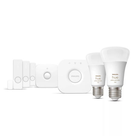 2x Żarówka LED E27 A60 9W = 75W 1100lm 2000-6500K CCT + RGB SMART Inteligentna Bluetooth ZigBee White and Color Ambiance + Mostek BRIDGE + Czujnik Kontaktu Otwarcia/Zamknięcia + Czujnik Ruchu Secure Philips HUE