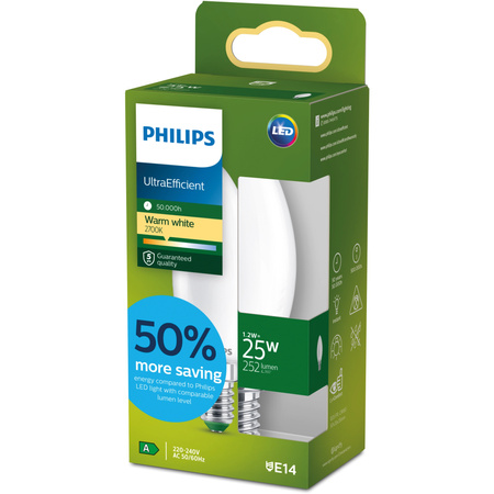 Żarówka LED E14 Świeczka B35 1.2W = 25W 252lm 210lm/W 2700K Ciepła 300° KLASA A UltraEfficient Philips