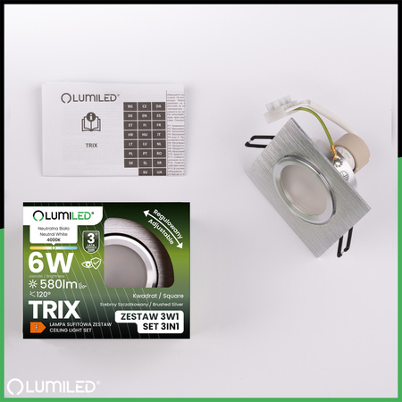 Oprawa Halogenowa Podtynkowa Kwadratowa Ruchoma TRIX 3w1 GU10 6W 4000K Srebrna Szczotkowana LUMILED