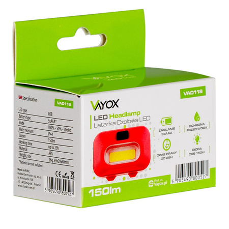 Latarka Czołowa Bateryjna Czerwona COB IP44 150lm VA0118 Vayox