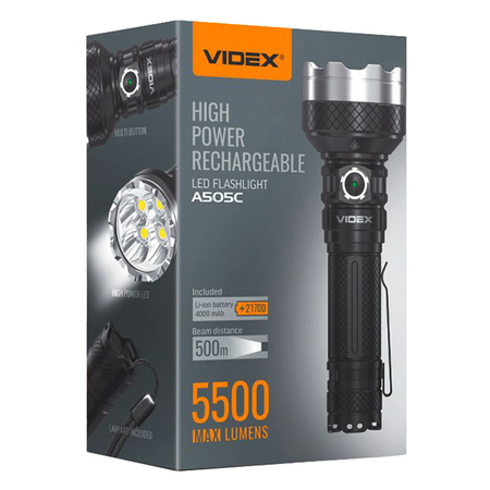 Latarka Ręczna Akumulatorowa LED 20W 5500lm 6 Trybów Pracy USB-C Wodoszczelna IP68 Videx