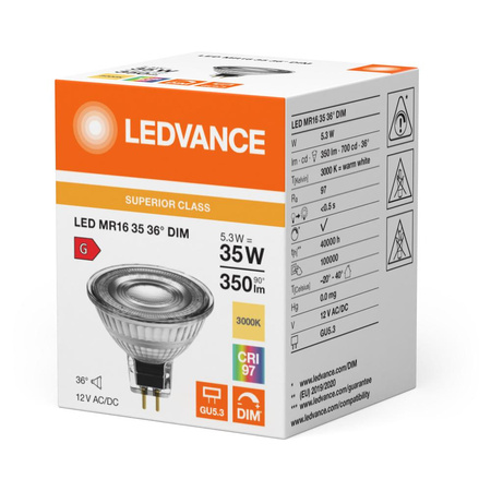Żarówka LED MR16 GU5.3 5.3W = 35W 350lm 3000K Ciepła Biała 12V FILAMENT ŚCIEMNIALNA LEDVANCE