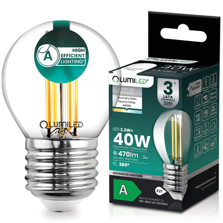 Żarówka LED E27 Kulka P45 2,2W 470lm = 40W 4000K Neutralna 360° Filament KLASA A LUMILED