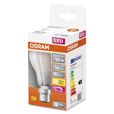 Żarówka LED A60 B22d 7W = 60W 806lm 2700K Ciepła 300° Ściemnialna Retrofit Filament CLASSIC Osram