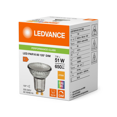 Żarówka LED Reflektor GU10 PAR16 7W = 51W 650lm 2700K Ciepła 120° CRI90 Ściemnialna Ledvance